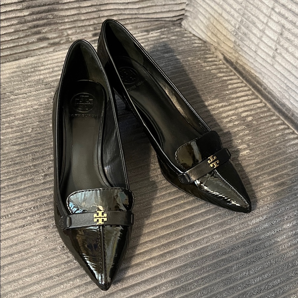 Tory Burch Eliza Black Patent Pointed Toe Loafers with Gold Logo